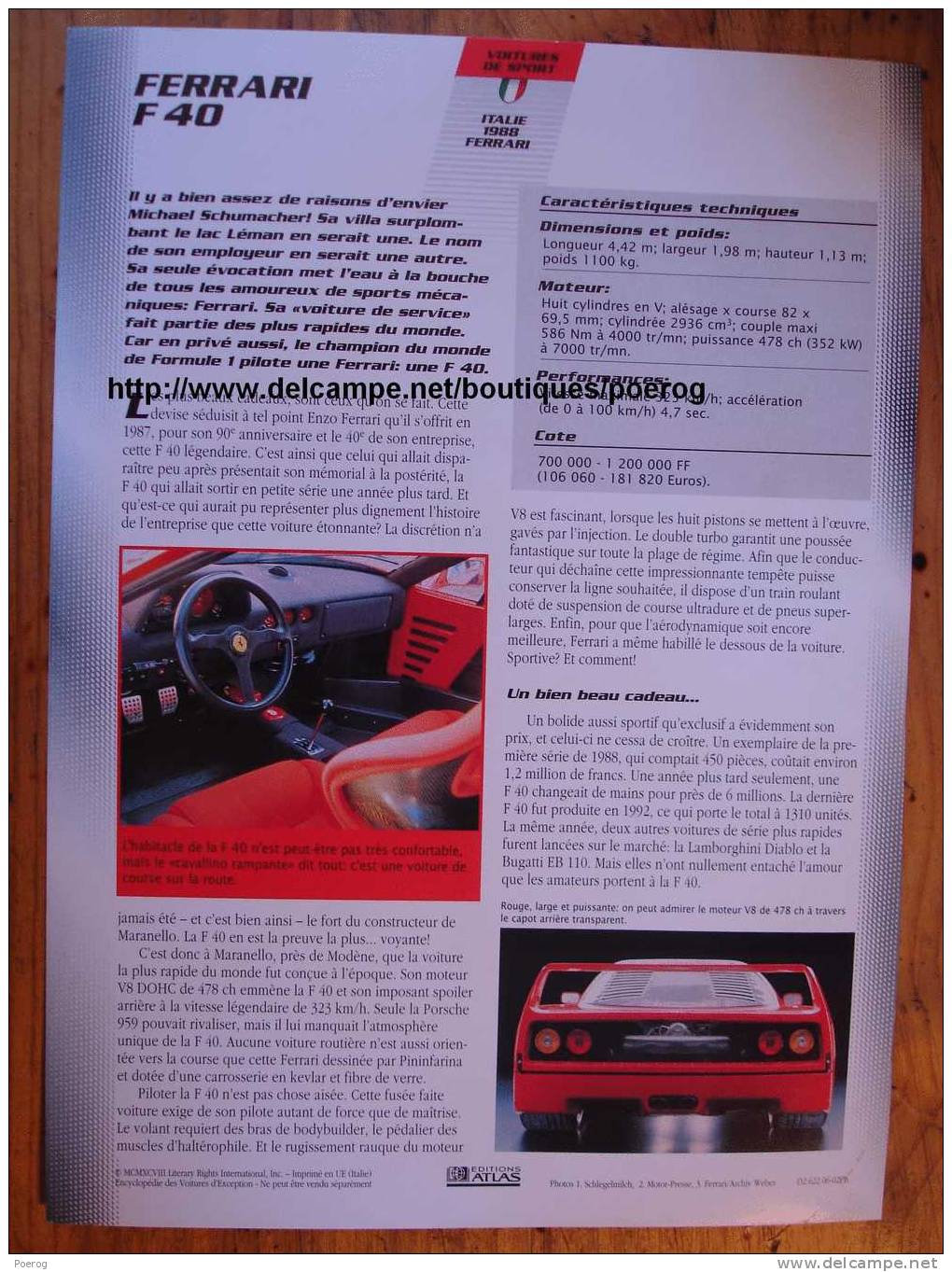 FERRARI F40 - FICHE VOITURE GRAND FORMAT (A4) - 1998 - Auto Automobile Automobiles Car Cars Voitures - Coches
