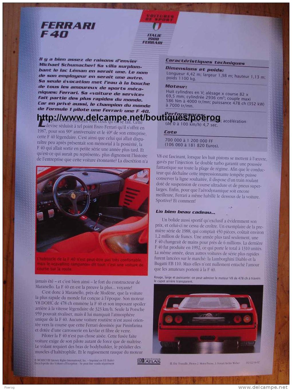 FERRARI F40 - FICHE VOITURE GRAND FORMAT (A4) - 1998 - Auto Automobile Automobiles Car Cars Voitures - Auto's