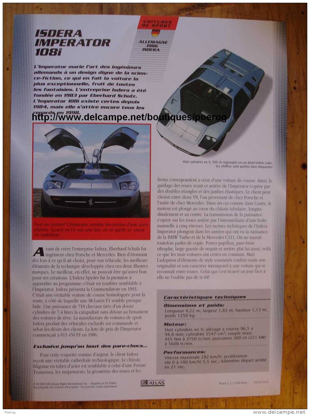 ISDERA IMPERATOR 108i - FICHE VOITURE GRAND FORMAT (A4) - 1998 - Auto Automobile Automobiles Car Cars Voitures - Autos