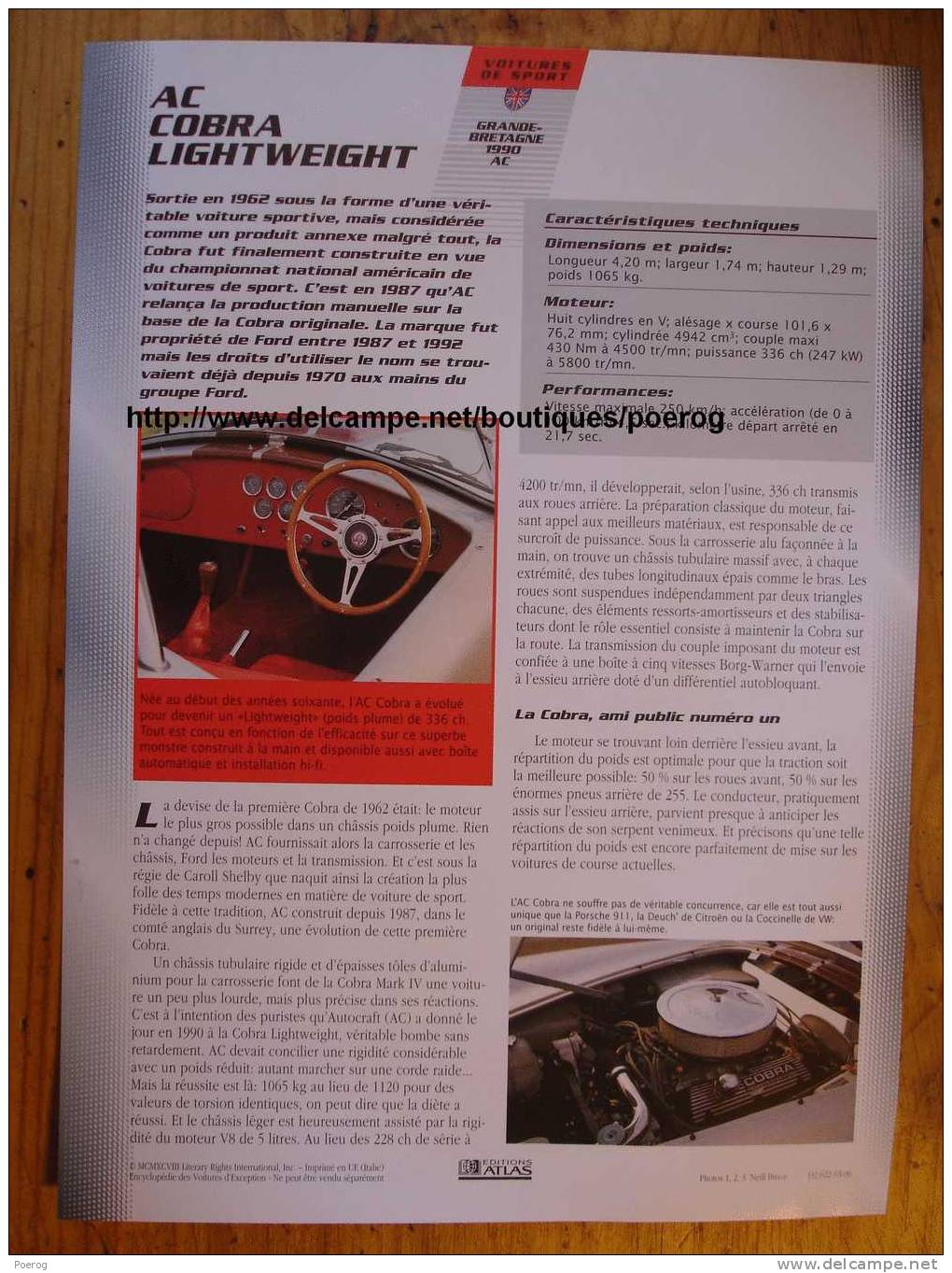 AC COBRA LIGHTWEIGHT - FICHE VOITURE GRAND FORMAT (A4) - 1998 - Auto Automobile Automobiles Car Cars Voitures - Voitures