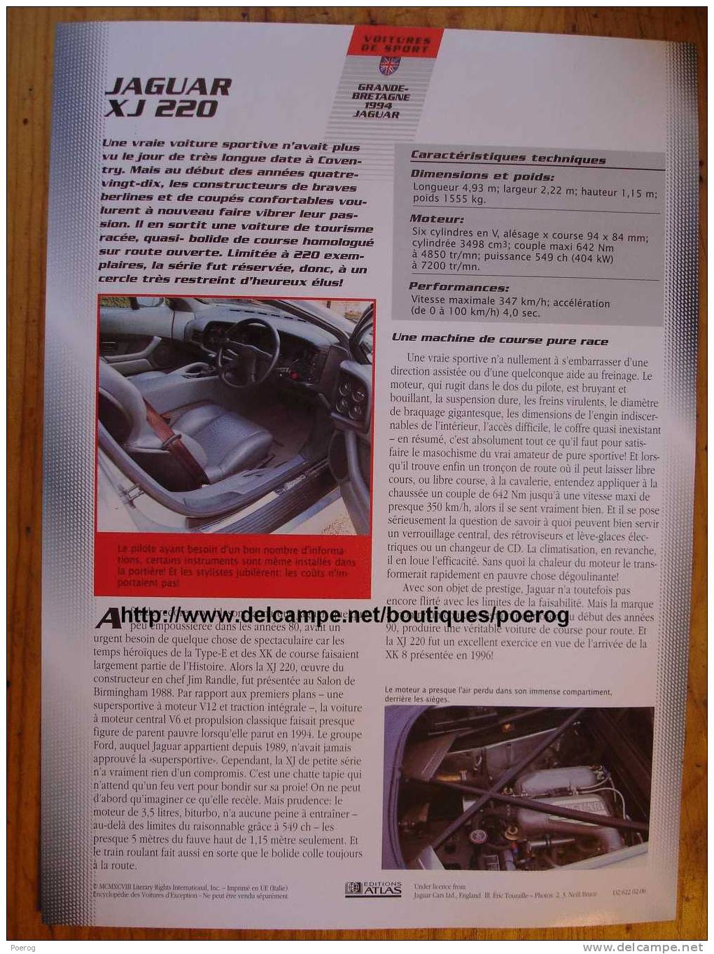 JAGUAR XJ 220 - FICHE VOITURE GRAND FORMAT (A4) - 1998 - Auto Automobile Automobiles Car Cars Voitures - Auto's