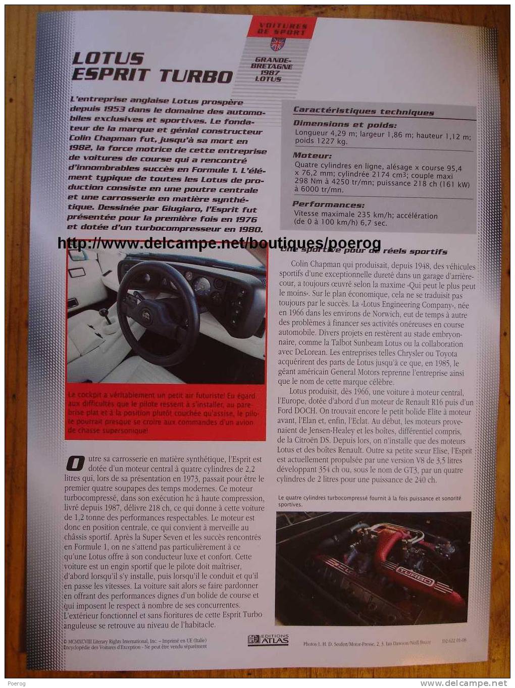 LOTUS ESPRIT TURBO - FICHE VOITURE GRAND FORMAT (A4) - 1998 - Auto Automobile Automobiles Voitures Car Cars - Auto's