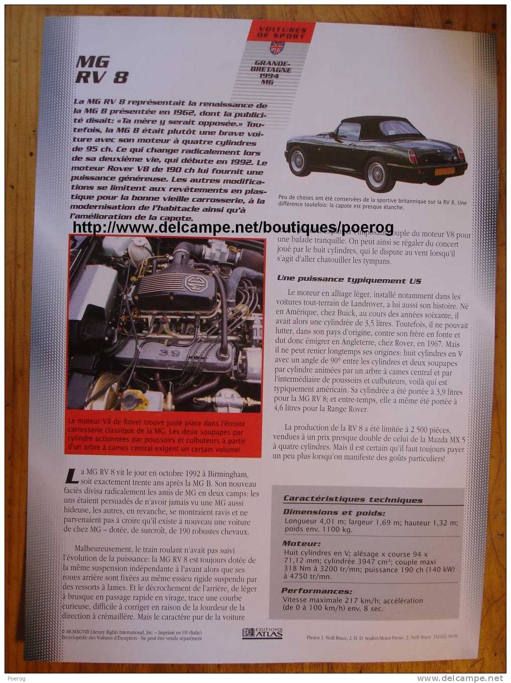 MG RV 8 - FICHE VOITURE GRAND FORMAT (A4) - 1998 - Auto Automobile Automobiles Voitures Car Cars - Auto's