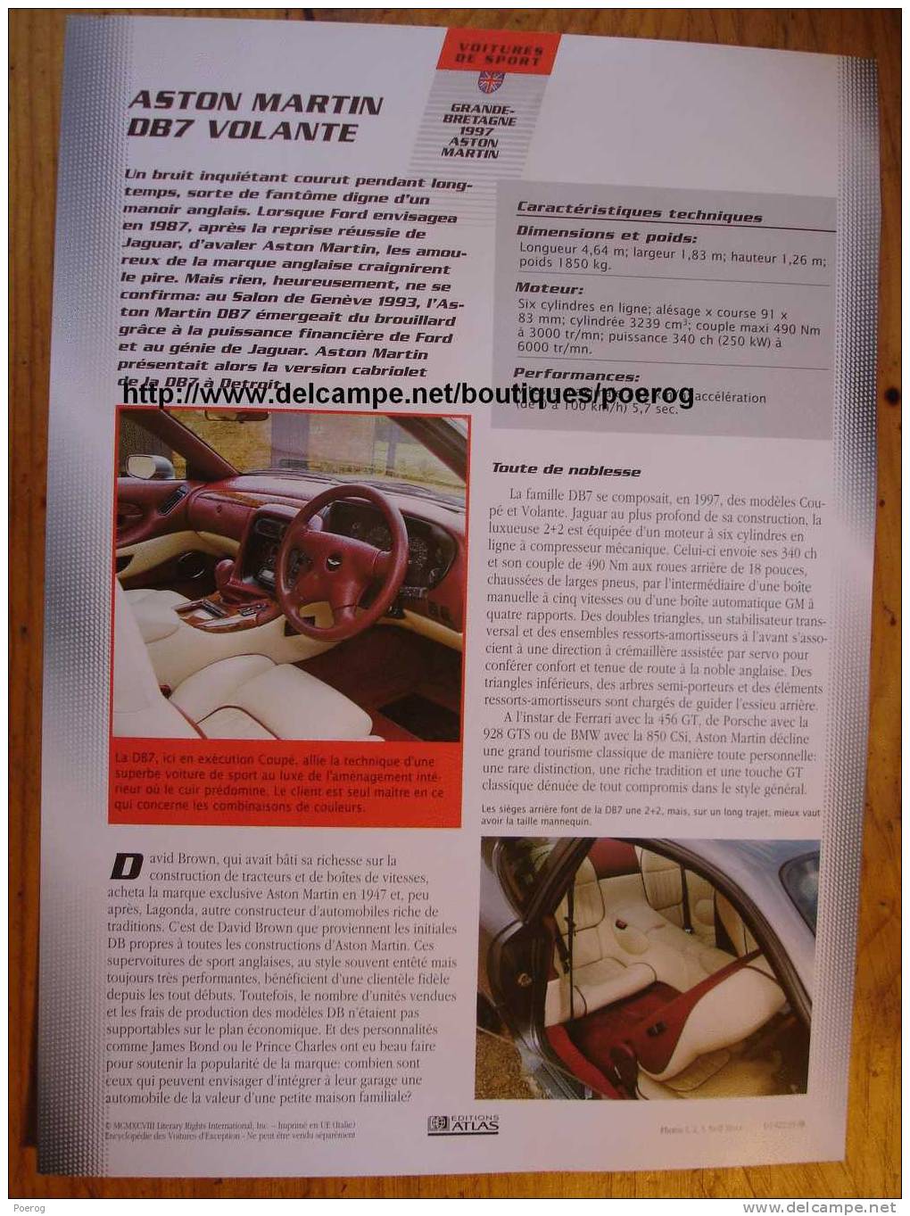 ASTON MARTIN DB7 VOLANTE - FICHE VOITURE GRAND FORMAT (A4) - 1998 - Auto Automobile Automobiles Voitures Car Cars - Coches