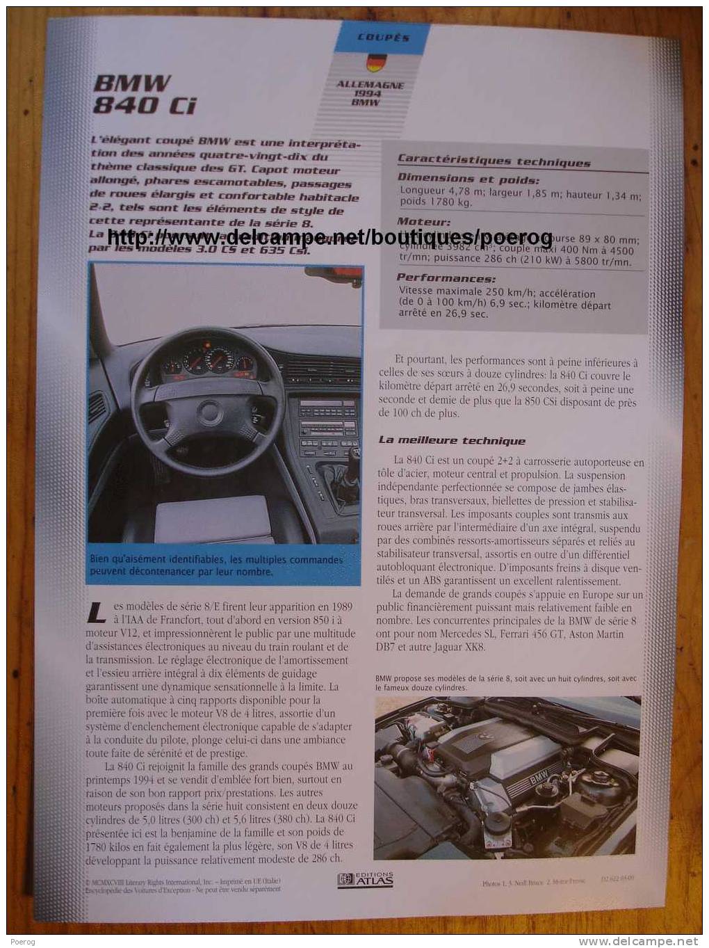 BMW 840 Ci - FICHE VOITURE GRAND FORMAT (A4) - 1998 - Auto Automobile Automobiles Voitures Car Cars - Automobili