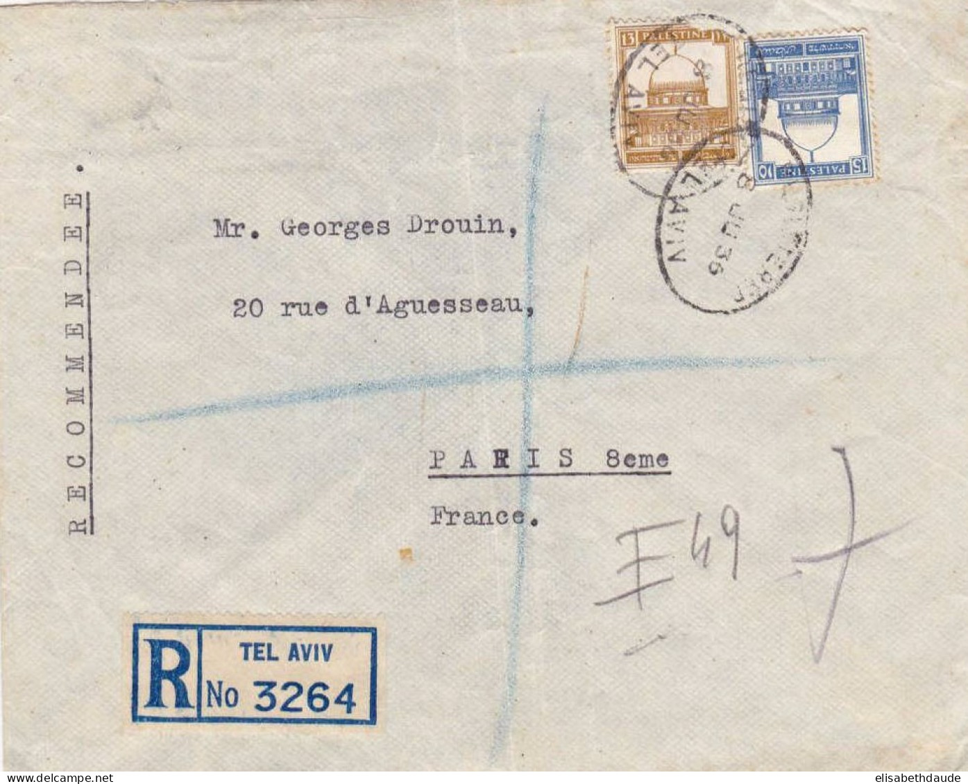 PALESTINE - 1936 - LETTRE RECOMMANDEE De TEL AVIV Pour PARIS - Palestine