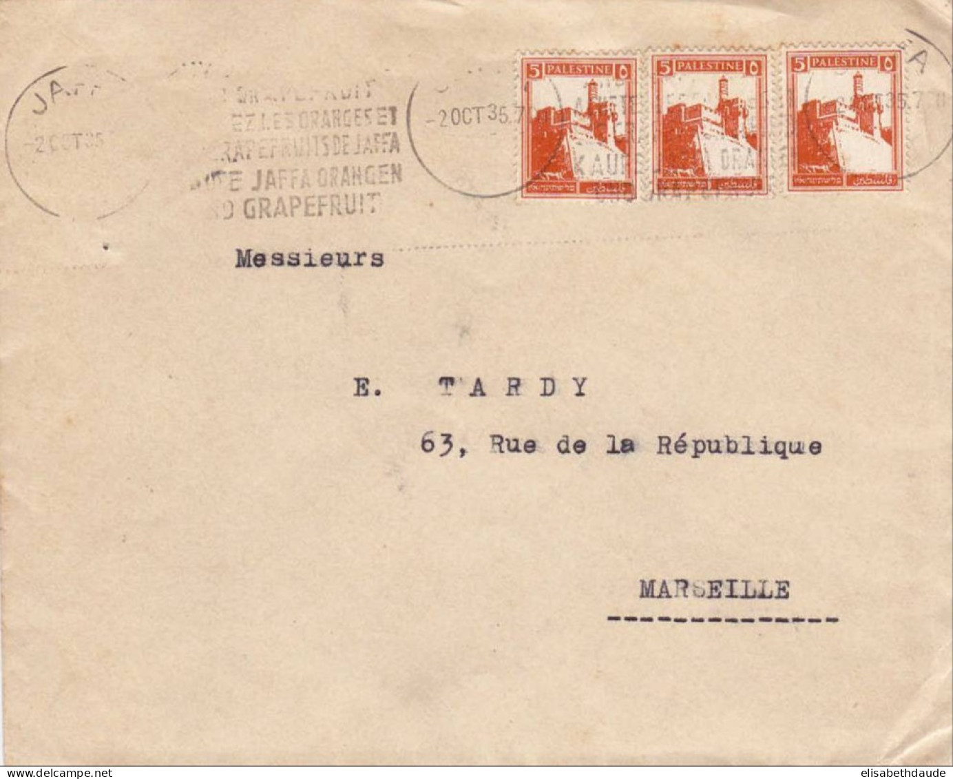 PALESTINE - 1935 - LETTRE COMMERCIALE De JAFFA Pour MARSEILLE - Palästina