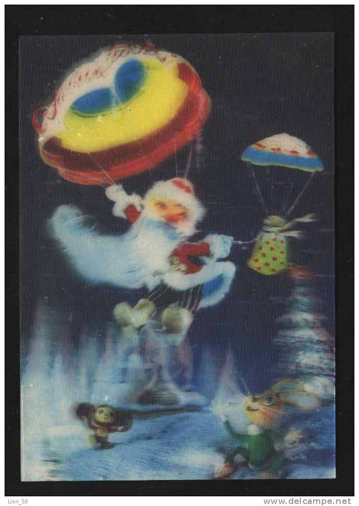 3D RUSSIA RUSSIE TALE STEREO Lenticular Picture Pc SPASE - PARASHUTTING SANTA CLAUS MONKEY RABBIT 15440 - Parachutisme