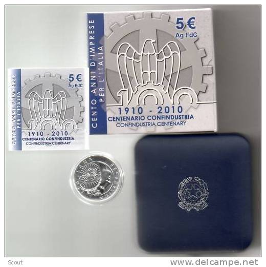 ITALIA - ITALIE - ITALY - ITALIA 2010 100° ANN. CONFINDUSTRIA 5 EURO ARGENTO FDC - Italie