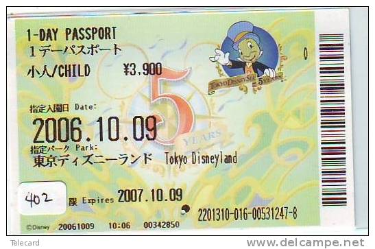 Disney * PASSPORT * Entreecard JAPON * TOKYO DISNEYLAND Passeport (402) JAPAN PASS * CINEMA * FILM * PINOCCHIO - Disney