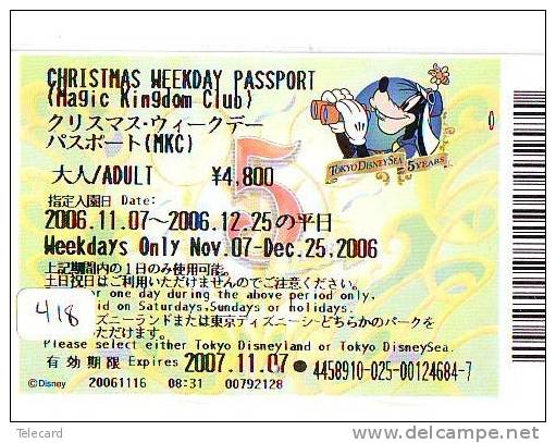 Disney * PASSPORT * Entreecard JAPON * TOKYO DISNEYLAND Passeport (418) JAPAN PASS * CINEMA * FILM * - Disney