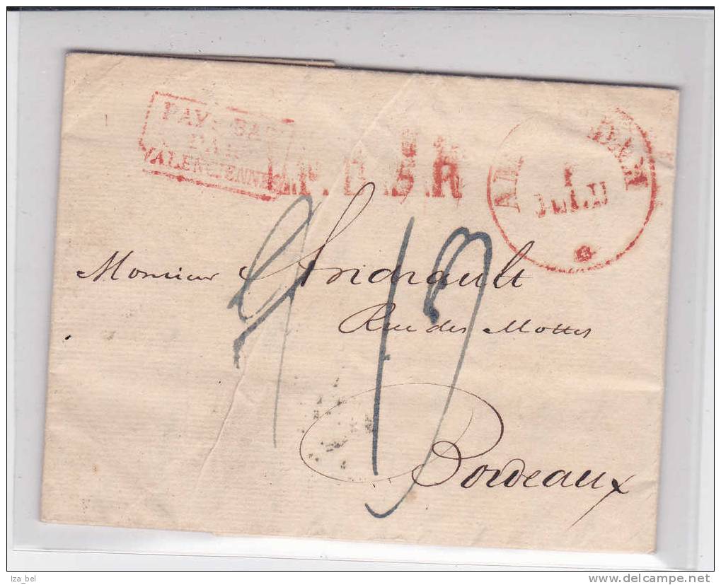 LAC D AMSTERDAM 1 JULI V.Bordeaux.GRIFFE"L.P.B.5.R."+PAYS BAS/PAR/VALENCIENNES".Port Rectifié - ...-1852 Préphilatélie