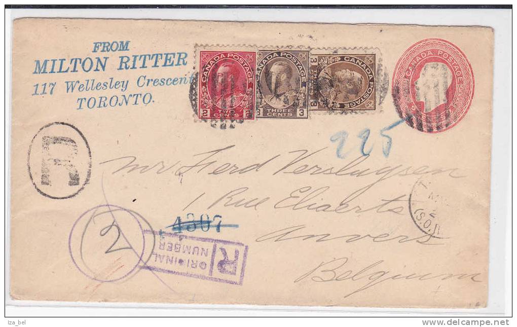 Envel.2c(Hig.& G.24)+TP Yv.94-110(2)TORONTO MY 20 En Recommandé V.ANVERS.Nombreux Cach.au Verso.TB - 1903-1954 Könige