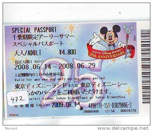 Disney * PASSPORT * Entreecard JAPON * TOKYO DISNEYLAND Passeport (472) JAPAN PASS * CINEMA * FILM * - Disney