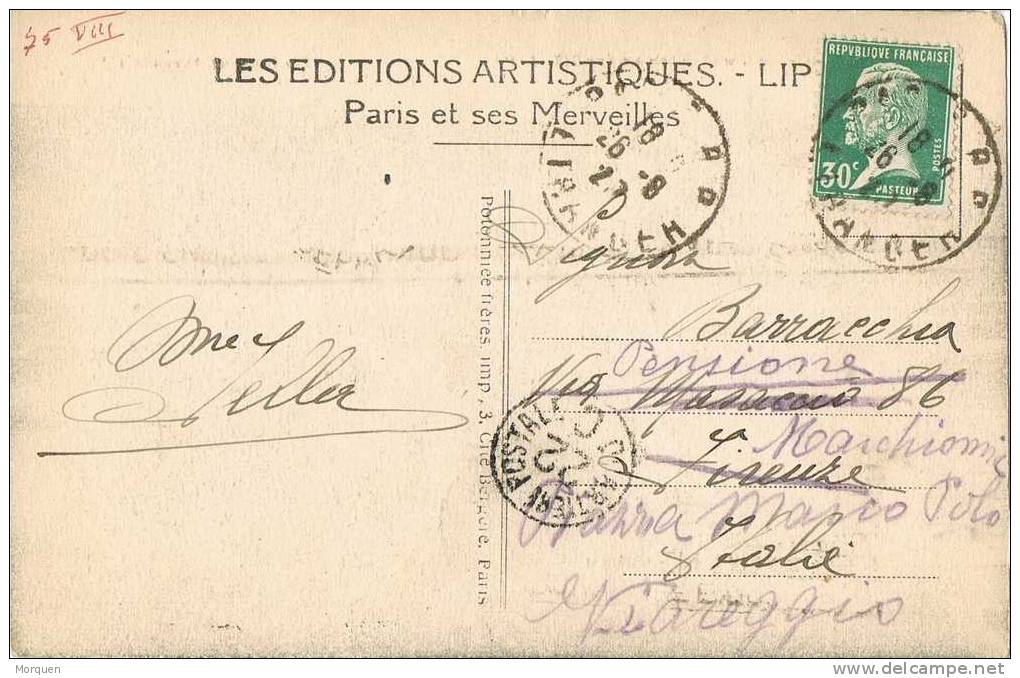 Postal PARIS R.P. Etranger 1927 A Italia. Reexpedite. Boite Postal - 1922-26 Pasteur