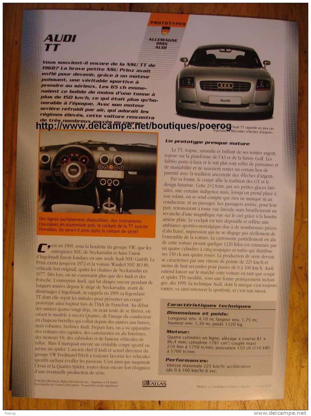 AUDI TT - FICHE VOITURE GRAND FORMAT (A4) - 1998 - Auto Automobile Automobiles Voitures Car Cars - Cars