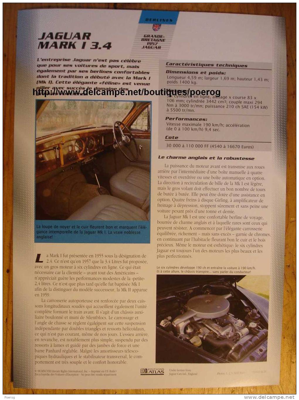 JAGUAR MARK I 3.4  - FICHE VOITURE GRAND FORMAT (A4) - 1998 - Auto Automobile Automobiles Voitures Car Cars - Voitures