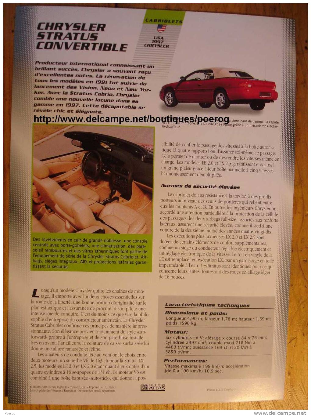 CHRYSLER STRATUS CONVERTIBLE - FICHE VOITURE GRAND FORMAT (A4) - 1998 - Auto Automobile Automobiles Voitures Car Cars - Automobili