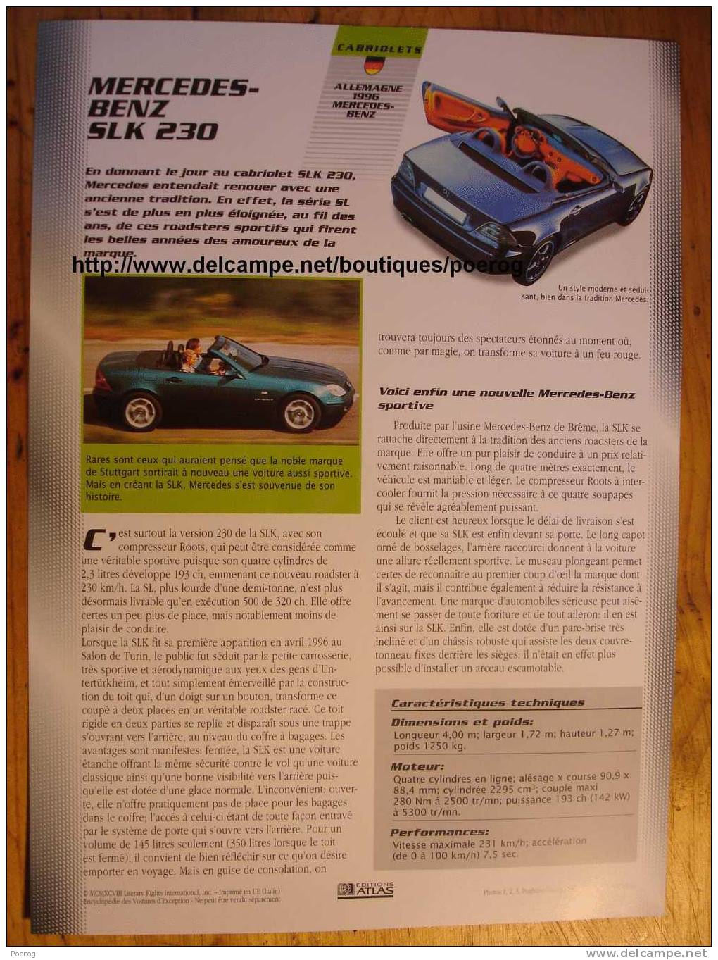 MERCEDES BENZ SLK 230 - FICHE VOITURE GRAND FORMAT (A4) - 1998 - Auto Automobile Automobiles Voitures Car Cars - Auto's