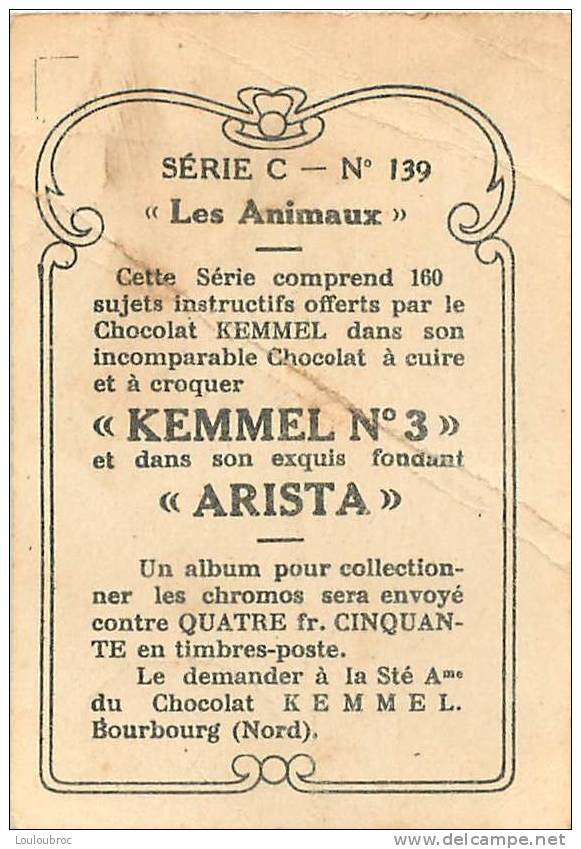 CHROMO PUBLICITE CHOCOLAT KEMMEL ARISTA LES ANIMAUX  SERIE C N°139 GUENON ET SON PETIT - Other & Unclassified