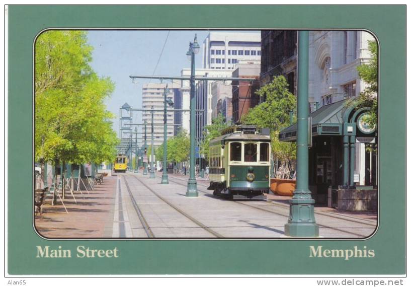 Memphis TN Tennessee , Main Street Scene With Street Car Trolleys, On 1990s Vintage Chrome Postcard - Memphis