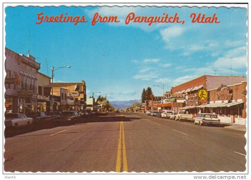 Panguitch UT Utah, Street Scene, Autos, Rexall Drug Store, Bowling, Beer Sign On 1970s Vintage Postcard - Sonstige & Ohne Zuordnung