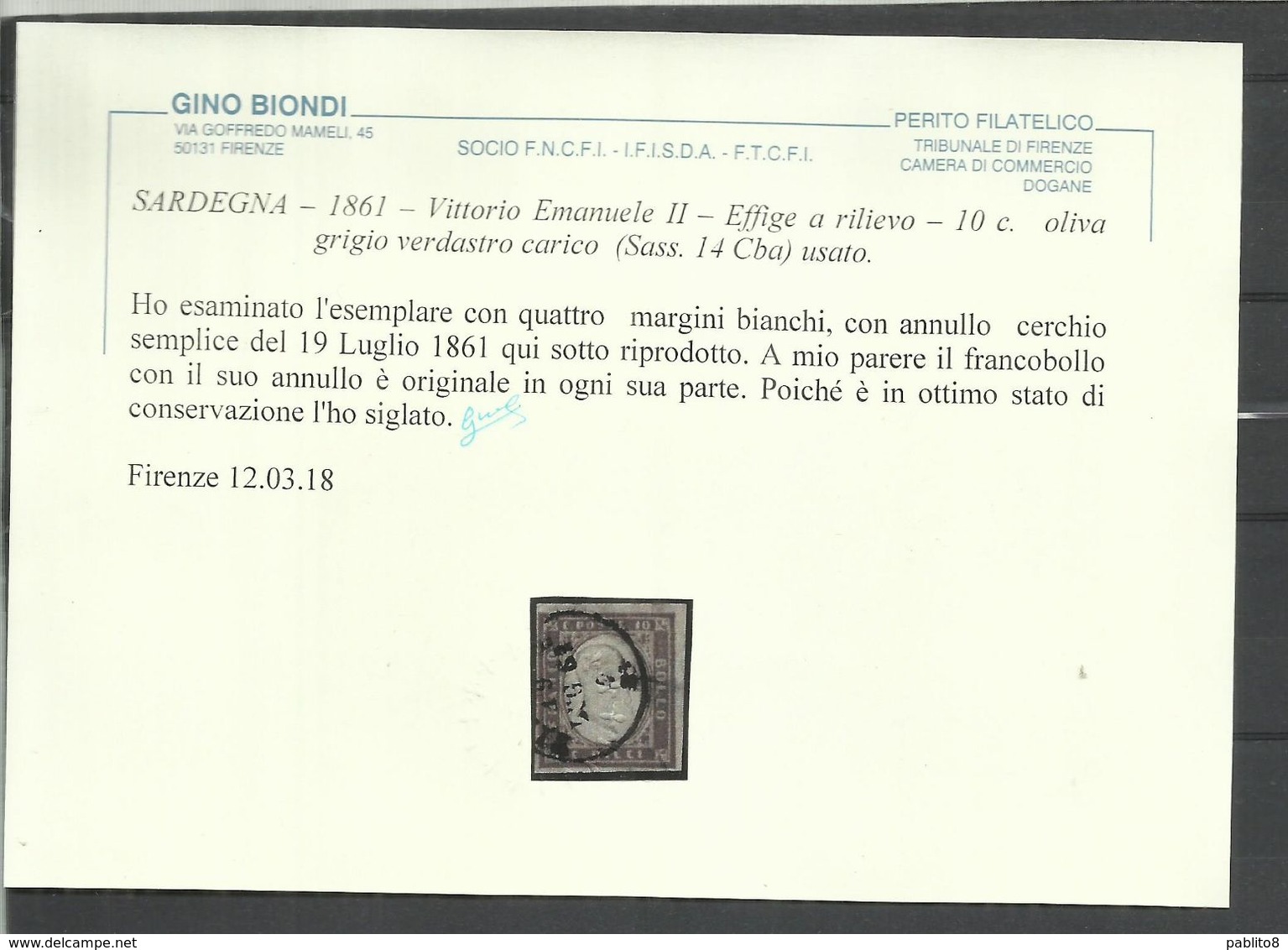 ANTICHI STATI: 1861 SARDEGNA 10 CENTESIMI OLIVA GRIGIO VERDASTRO CARICO BEN MARGINATO ANNULLATO CERTIFICATO - Sardaigne