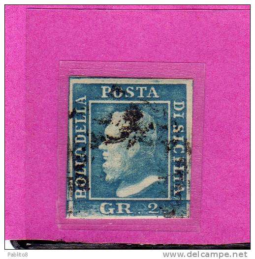 ANTICHI STATI ITALIANI ASI 1859 SICILIA 2 GRANA AZZURRO CHIARO ANNULLATO FIRMATO USED SIGNED - Sizilien