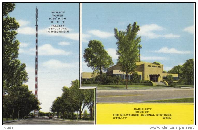 Milwaukee WI Wisconsin, Radio City, TV &amp; Radio Station Tower WTMJ-TV, On C1940s/50s Vintage Linen Postcard - Milwaukee