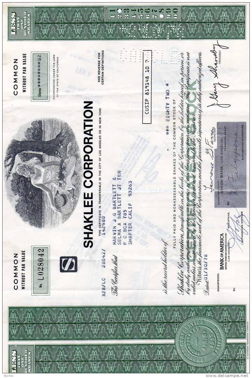 USA Shaklee Corporation Les 100 Shares Bank Of America Von 1978 Historische Industrie-Original-Aktie Marvin Bartlett&CO. - Landbouw
