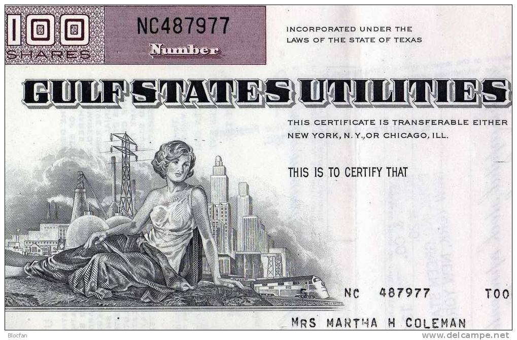 USA Gulf States Utilities Company 100 Shares Manhattan Bank Of America Von 1974 Historische Industrie-Aktie Mrs. Coleman - Aardolie