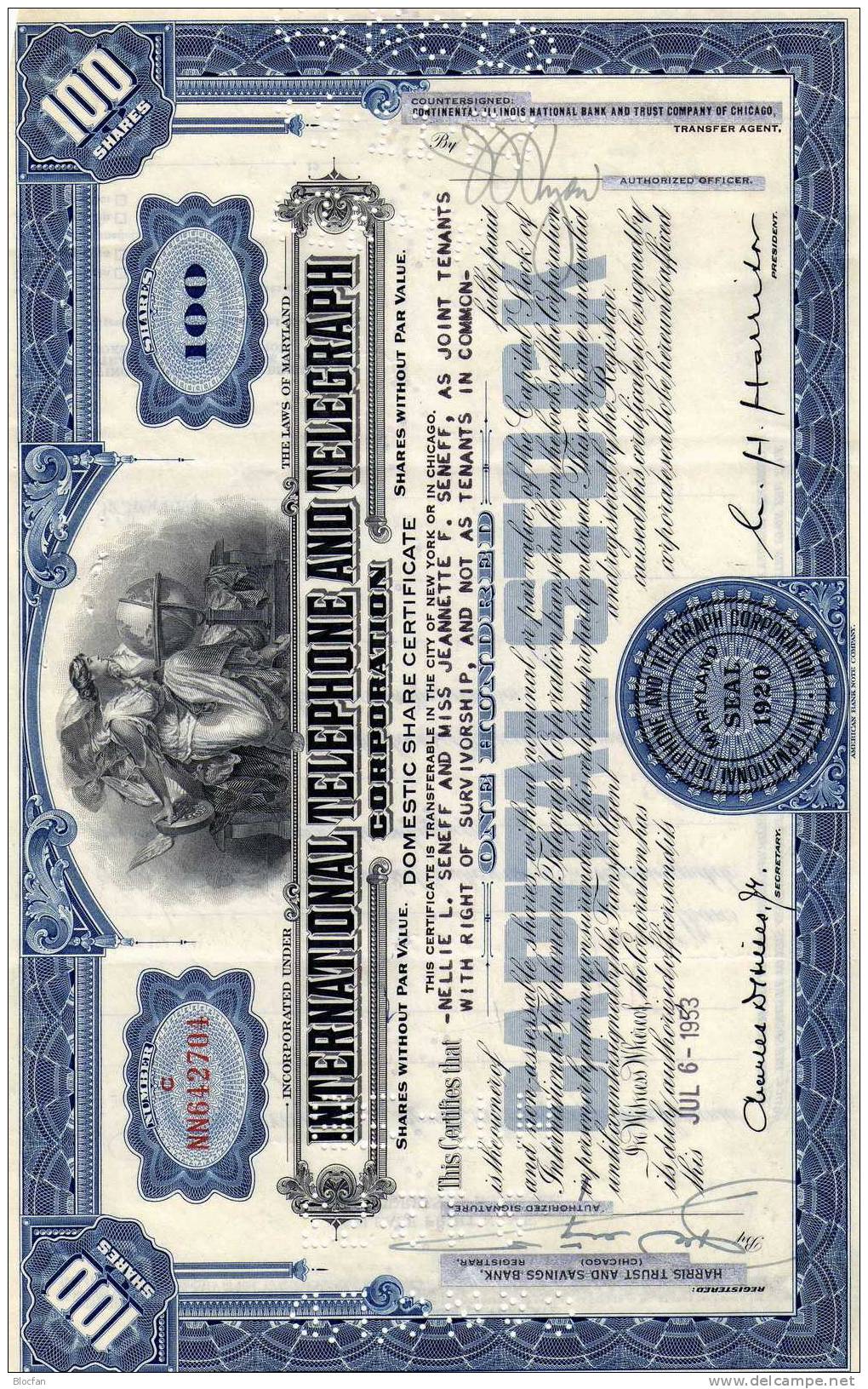 1953 USA International Telephone And Telegraph Corporation 100Shares Chigago Trust&Saving Bank Original-Aktie Seneff&CO. - Electricité & Gaz
