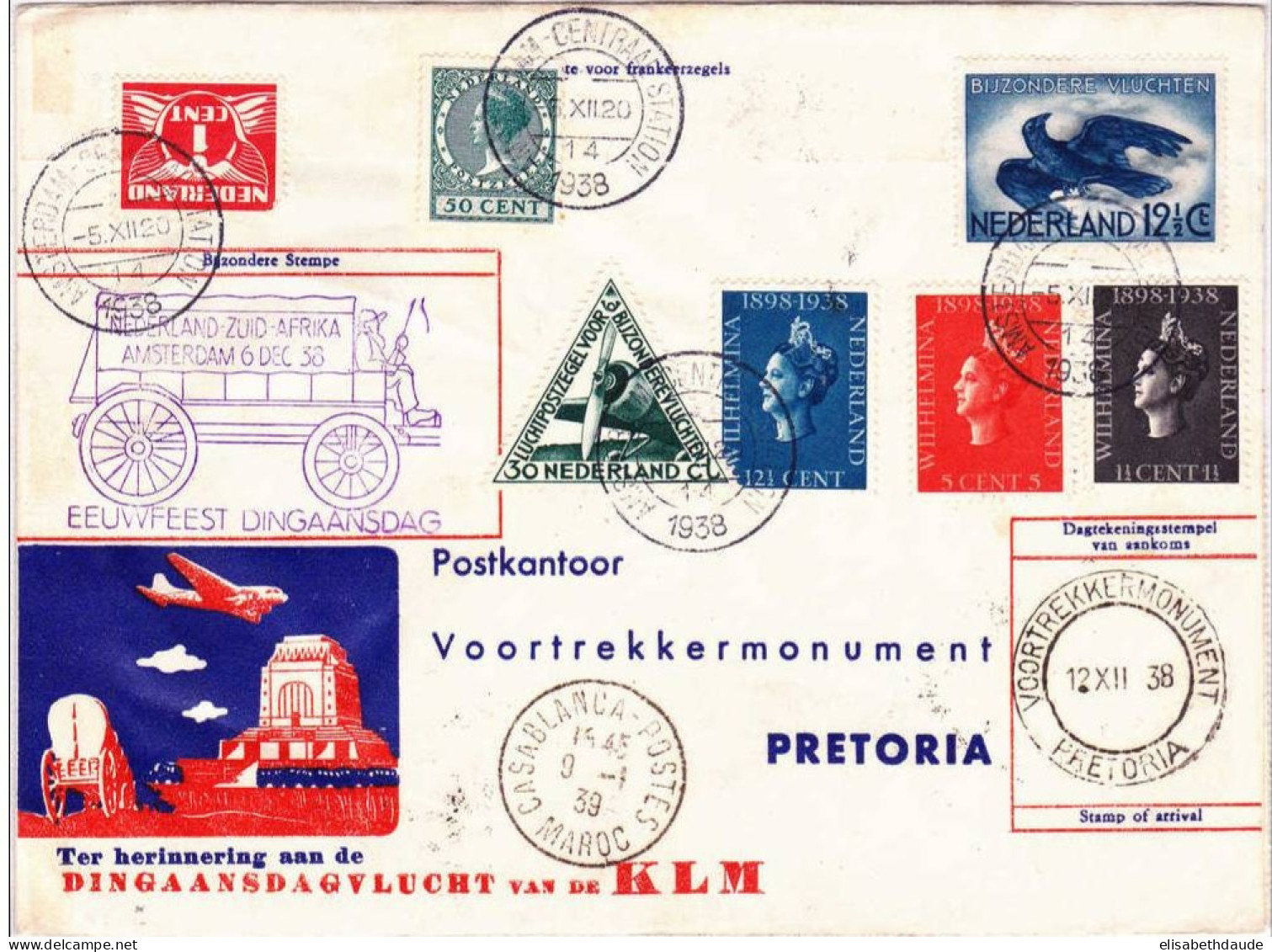 PAYS-BAS + AFRIQUE Du SUD - 1938 - LETTRE Par AVION KLM De AMSTERDAM Pour PRETORIA Puis CASABLANCA (MAROC) - Luftpost