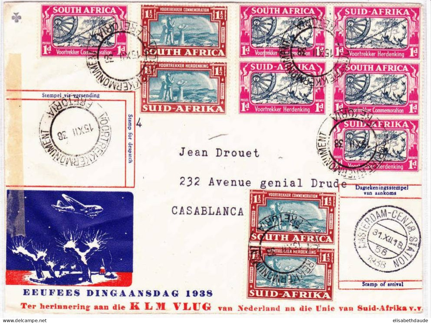 PAYS-BAS + AFRIQUE Du SUD - 1938 - LETTRE Par AVION KLM De AMSTERDAM Pour PRETORIA Puis CASABLANCA (MAROC) - Posta Aerea