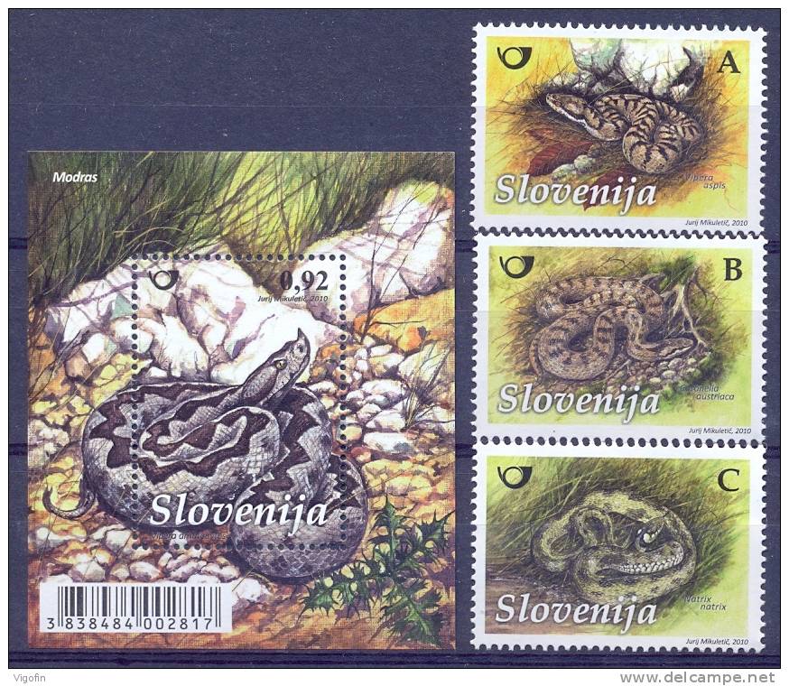 SI 2010-864-7 FAUNA, SLOVENIA, 1 X 3v + S/S, MNH - Schlangen