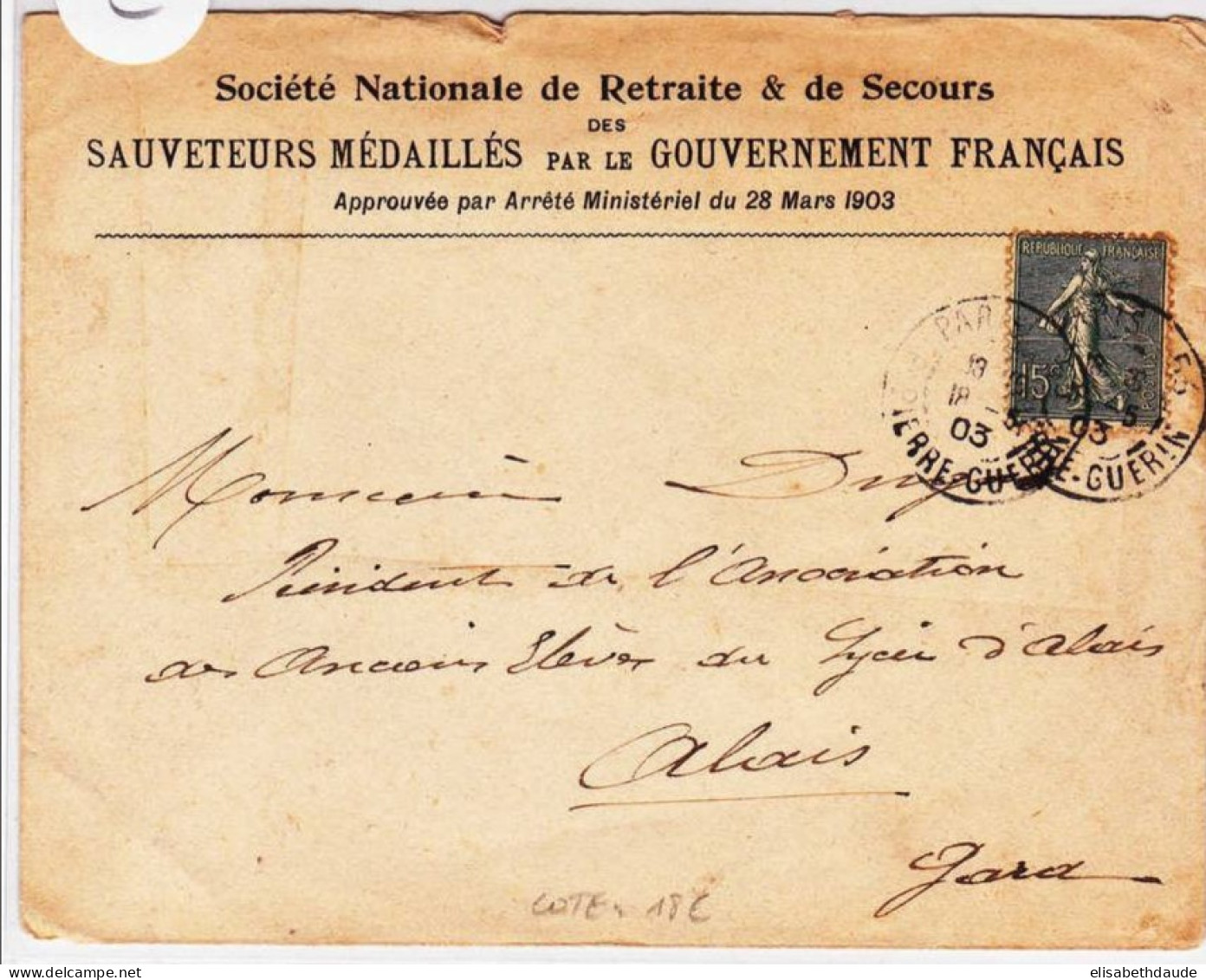 SEMEUSE - 1903 - ENVELOPPE COMMERCIALE (SAUVETEURS MEDAILLES) De PARIS - 1903-60 Semeuse Lignée