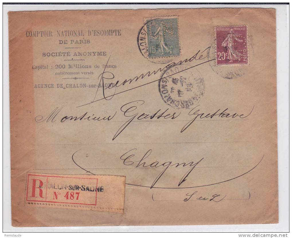 SEMEUSES MIXTES - 1915 - ENVELOPPE COMMERCIALE RECOMMANDEE (COMPTOIR NATIONAL ESCOMPTE) De CHALON/SAONE Avec PERFORE C.N - Autres & Non Classés