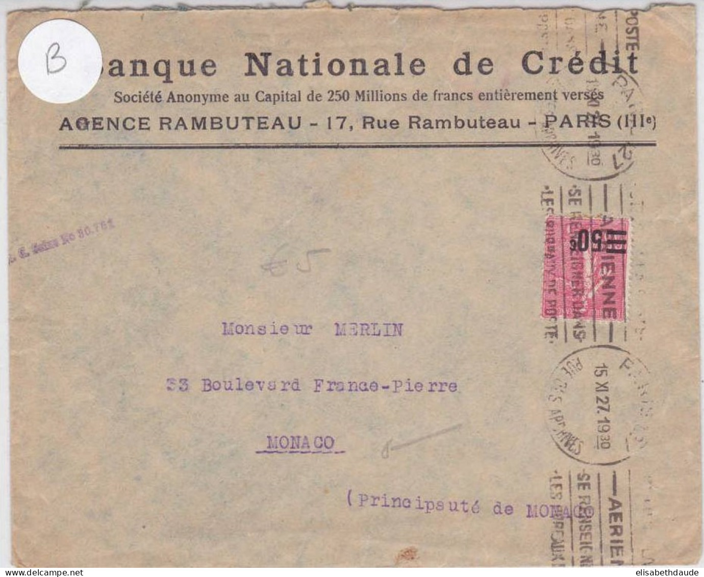 SEMEUSE SURCHARGEE - 1927 - YVERT N°224 SEUL Sur LETTRE COMMERCIALE De PARIS Pour MONACO - 1903-60 Semeuse A Righe