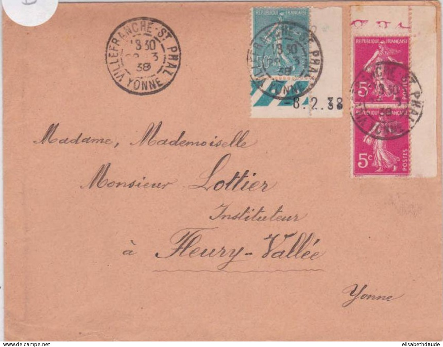 SEMEUSE LIGNEE + CAMEE - 1938 - LETTRE De VILLEFRANCHE ST PHAL (YONNE) Avec COIN DATE - 1903-60 Sower - Ligned