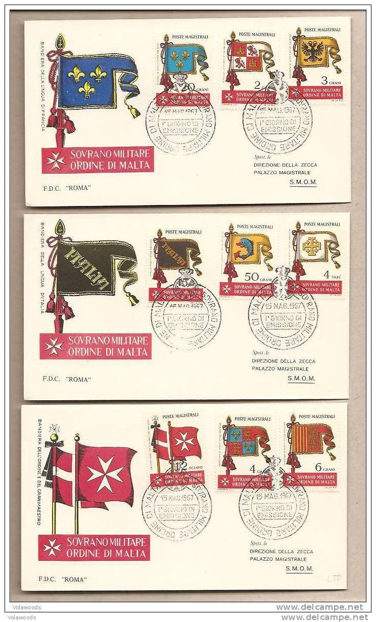 SMOM - 3 Buste Fdc Con Serie Completa: Antiche Bandiere Dell Ordine - 1967 - Sovrano Militare Ordine Di Malta