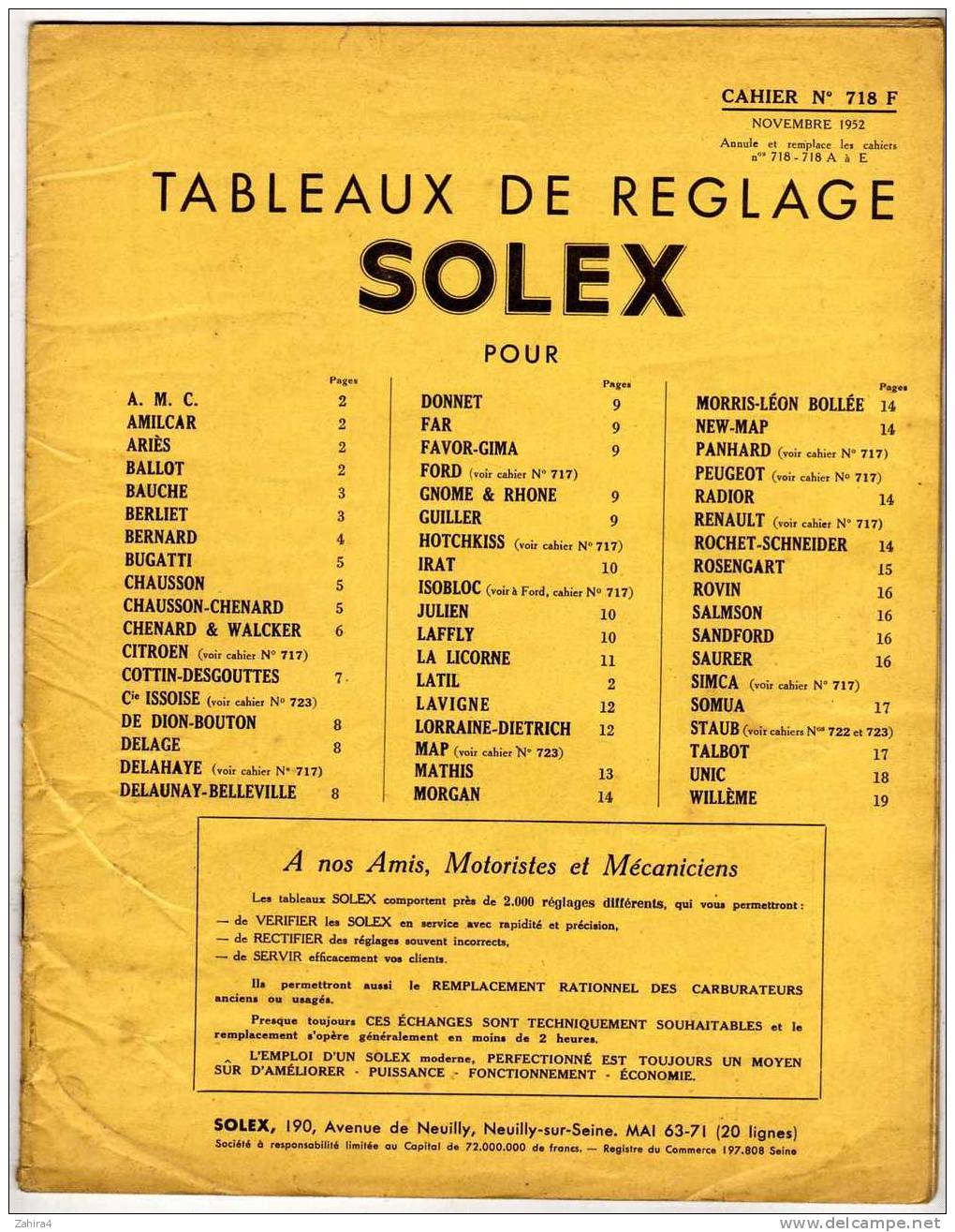 Tableaux De Reglages  SOLEX N° 718 F Pour AMC-Amilcar- Berliet-Chenard & Walcker-Gnome Et Rhone-etc... - Auto