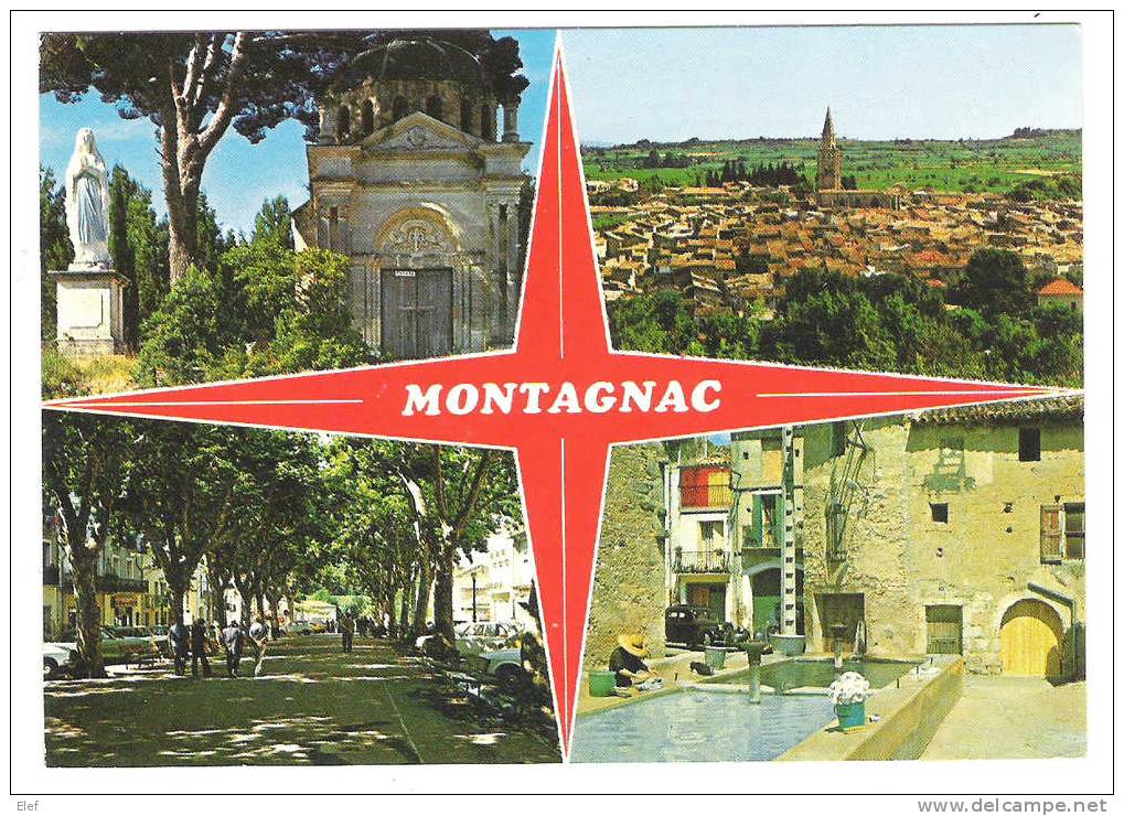 MONTAGNAC, Hérault :La Vierge Et La Chapelle;Vue Générale,la Promenade,le Lavoir; AUTO TRACTION CITROEN; 1982; TB - Montagnac