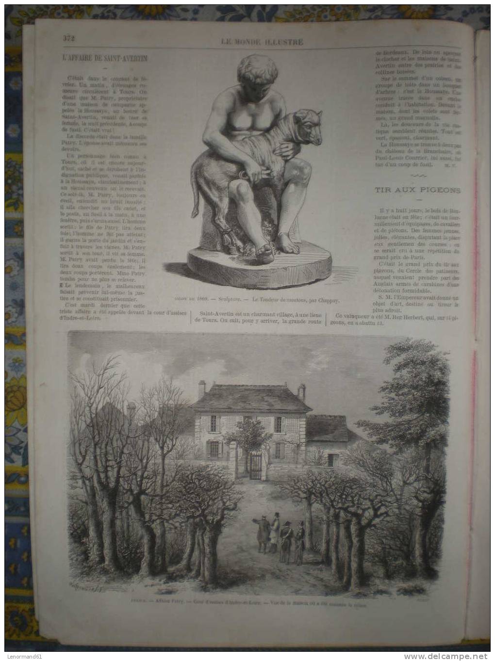 MONDE ILLUSTRE 12/06/1869 PARIS SCULPTURE CHAPPUY SAINT AVERTIN TIR AU PIGEON  ALPHONSE DE NEUVILLE LA HAVANE BORDEAUX - 1850 - 1899