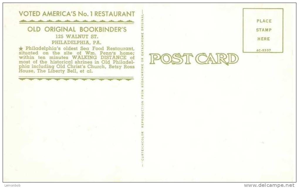 USA – United States – Old Original Bookbinder's, Restaurant Philadelphia, Pa, Unused Postcard [P4211] - Philadelphia