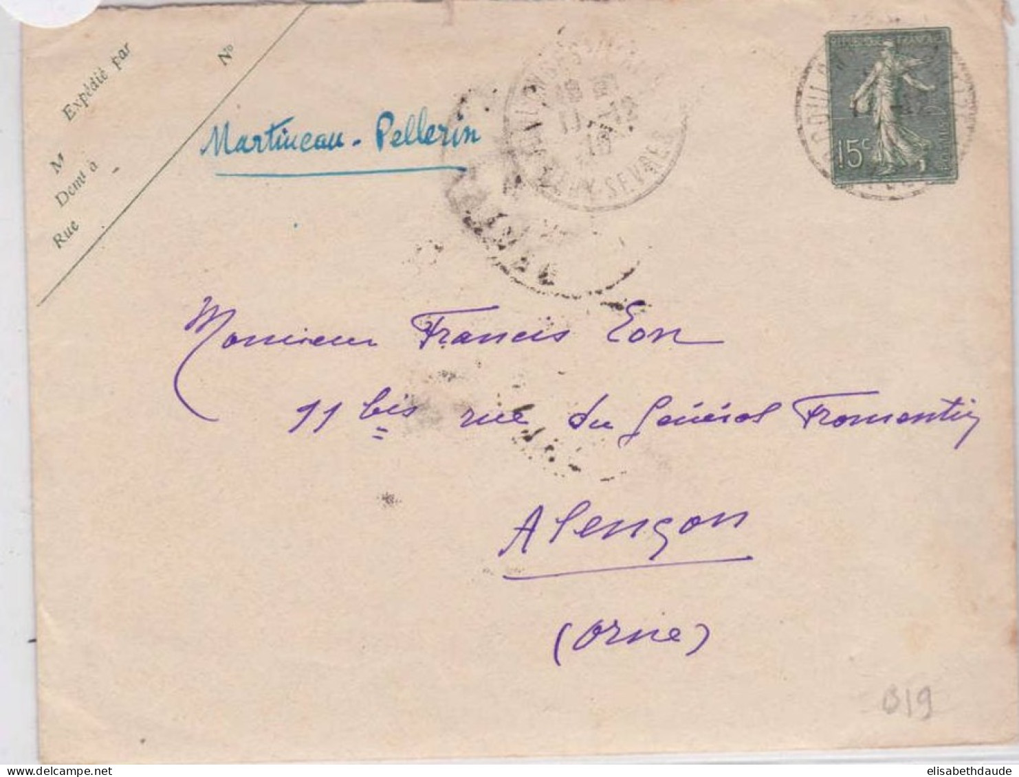 SEMEUSE LIGNEE - ENVELOPPE ENTIER POSTAL - DATE 943 - STORCH B19 - De COULONGES (DEUX-SEVRES) - 1919 - Buste Postali E Su Commissione Privata TSC (ante 1995)