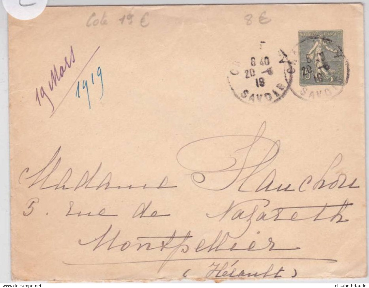 SEMEUSE LIGNEE - ENVELOPPE ENTIER POSTAL - SANS DATE - STORCH B17 - De CHAMBERY (SAVOIE) - 1919 - COTE=25 EUROS - Standaardomslagen En TSC (Voor 1995)