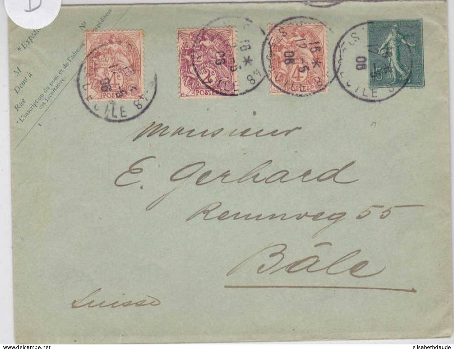 SEMEUSE LIGNEE - ENVELOPPE ENTIER POSTAL -  STORCH B13 - De PARIS Pour BALE (SUISSE) - 1906 - Enveloppes Types Et TSC (avant 1995)