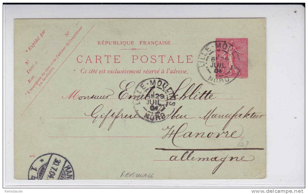 SEMEUSE LIGNEE - 1904 - CARTE POSTALE ENTIER Avec REPIQUAGE PRIVE De La SAVONNERIE MAUBERT à LILLE (NORD) => HANNOVRE - Overprinter Postcards (before 1995)