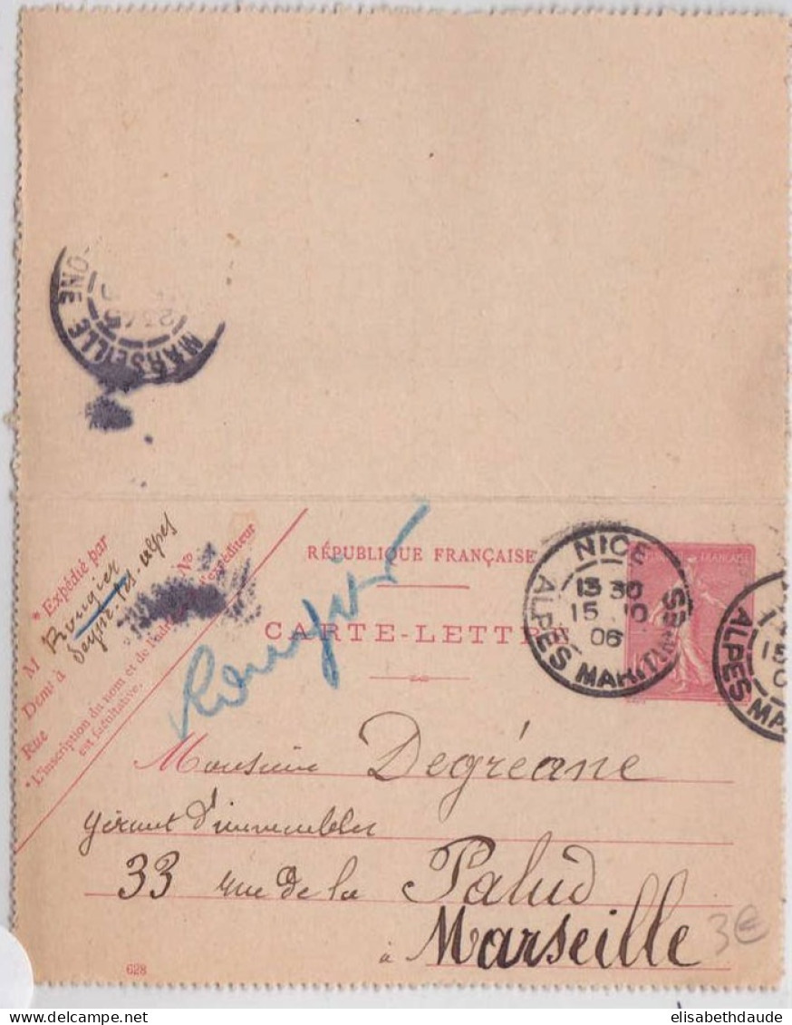 SEMEUSE LIGNEE - CARTE LETTRE ENTIER - STORCH A7 - DATE 628 -  1906 - NICE Pour MARSEILLE - Cartes-lettres