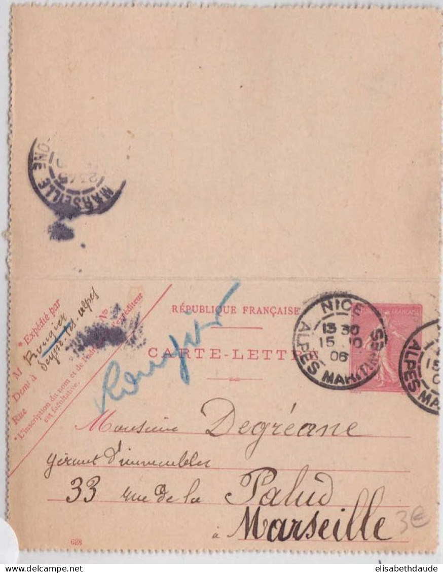 SEMEUSE LIGNEE - CARTE LETTRE ENTIER - STORCH A7 - DATE 628 -  1906 - NICE Pour MARSEILLE - Kartenbriefe